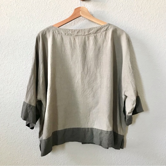 Eskandar 100% Linen Boxy Button Front Top Size 1 Medium Tan Green Khaki Luxury - Picture 5 of 8